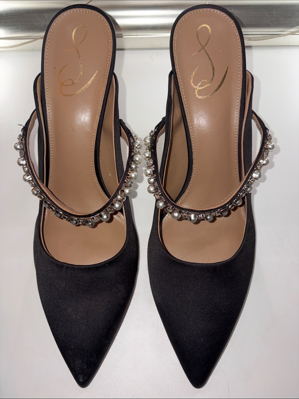 Sam Edelman Black Pointed-Toe Slingback Heels with Silver Bead Detailing Sz 11